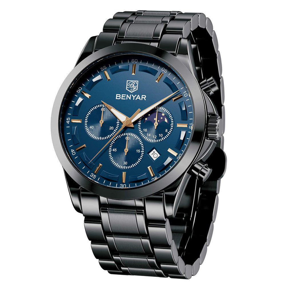 BENYAR Top Brand Luxury Men Quartz Watches 30M Waterproof Leather Military Watch for Men Casual Automatic Date Clock Relojes BY-5160 - steel black blue