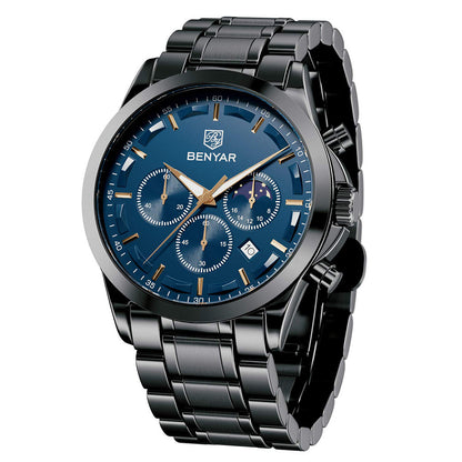 BENYAR Top Brand Luxury Men Quartz Watches 30M Waterproof Leather Military Watch for Men Casual Automatic Date Clock Relojes BY-5160 - steel black blue