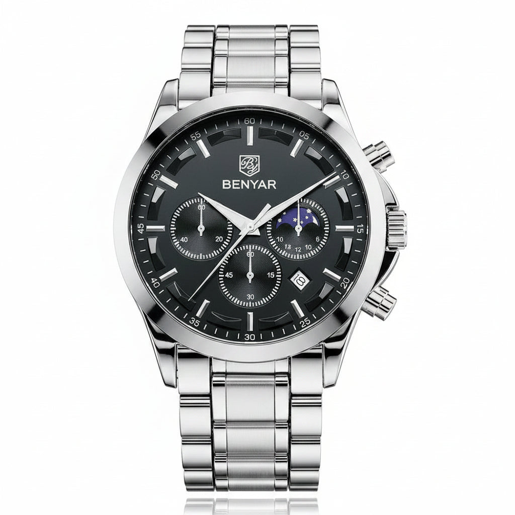 BENYAR Top Brand Luxury Men Quartz Watches 30M Waterproof Leather Military Watch for Men Casual Automatic Date Clock Relojes BY-5160 - steel silver black