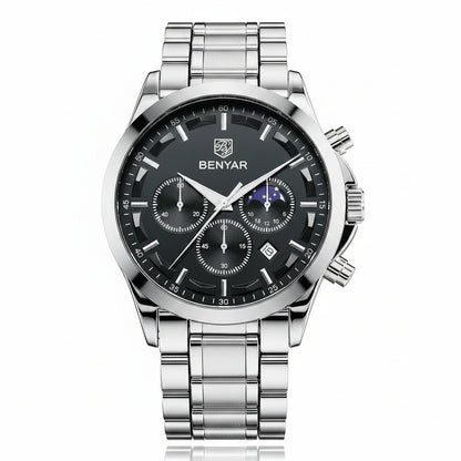 BENYAR Top Brand Luxury Men Quartz Watches 30M Waterproof Leather Military Watch for Men Casual Automatic Date Clock Relojes BY-5160 - steel silver black