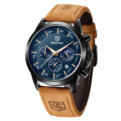 BENYAR Top Brand Luxury Men Quartz Watches 30M Waterproof Leather Military Watch for Men Casual Automatic Date Clock Relojes BY-5160 - leather black blue