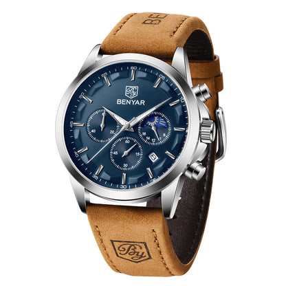 BENYAR Top Brand Luxury Men Quartz Watches 30M Waterproof Leather Military Watch for Men Casual Automatic Date Clock Relojes BY-5160 - leather silver blue