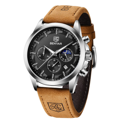 BENYAR Top Brand Luxury Men Quartz Watches 30M Waterproof Leather Military Watch for Men Casual Automatic Date Clock Relojes BY-5160 - leather silver black