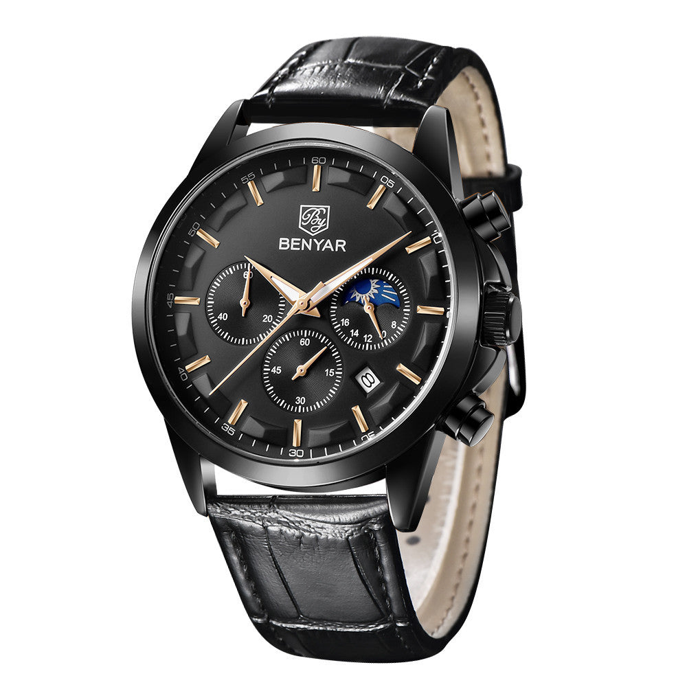 BENYAR Top Brand Luxury Men Quartz Watches 30M Waterproof Leather Military Watch for Men Casual Automatic Date Clock Relojes BY-5160 - leather full black
