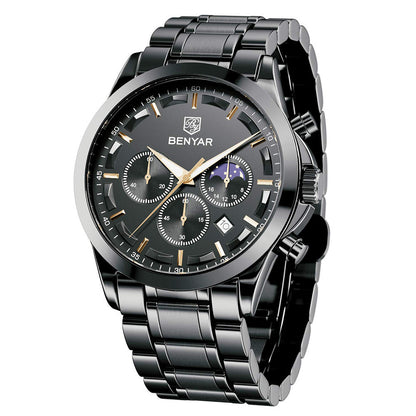 BENYAR Top Brand Luxury Men Quartz Watches 30M Waterproof Leather Military Watch for Men Casual Automatic Date Clock Relojes BY-5160 - steel full black
