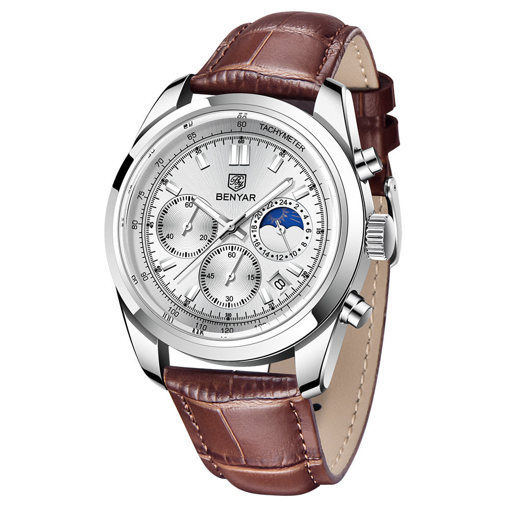 BENYAR New Men Watch 30ATM Waterproof Stainless Steel Quartz Wristwatches Luxury Leather Military Chronograph Watch reloj hombre BY-5193 - white