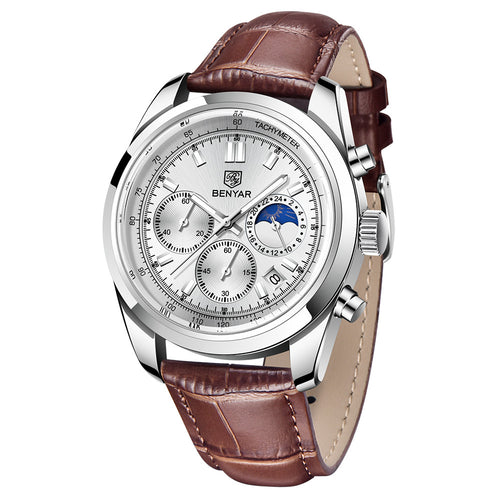 BENYAR New Men Watch 30ATM Waterproof Stainless Steel Quartz Wristwatches Luxury Leather Military Chronograph Watch reloj hombre BY-5193 - white