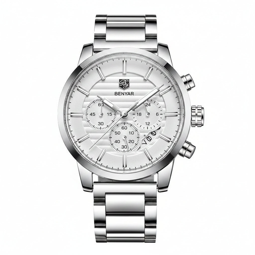 Men's Sports Chronograph Quartz Watch Leather &amp; Stainless Steel Strap Waterproof Business Watches Clock Male Relogio Masculino BY-5104M - steel white