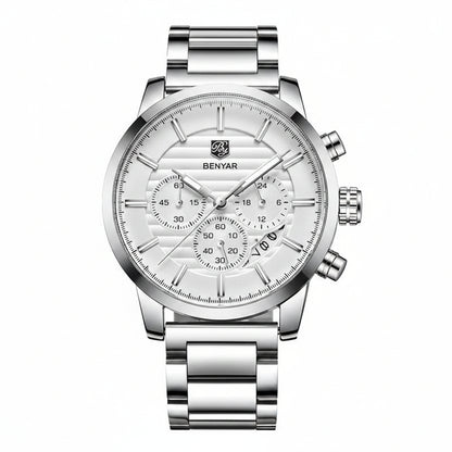 Men's Sports Chronograph Quartz Watch Leather &amp; Stainless Steel Strap Waterproof Business Watches Clock Male Relogio Masculino BY-5104M - steel white