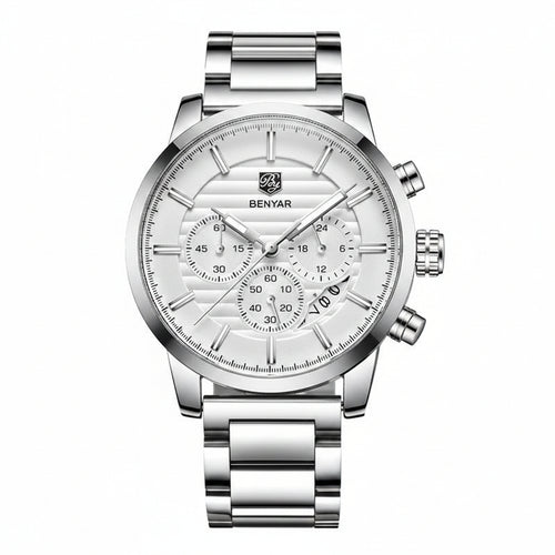 Men's Sports Chronograph Quartz Watch Leather &amp; Stainless Steel Strap Waterproof Business Watches Clock Male Relogio Masculino BY-5104M - steel white