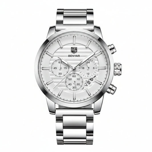 Men's Sports Chronograph Quartz Watch Leather &amp; Stainless Steel Strap Waterproof Business Watches Clock Male Relogio Masculino BY-5104M - steel white