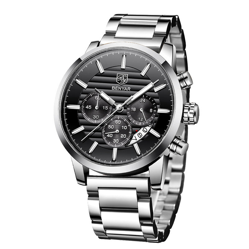 Men's Sports Chronograph Quartz Watch Leather &amp; Stainless Steel Strap Waterproof Business Watches Clock Male Relogio Masculino BY-5104M - steel black
