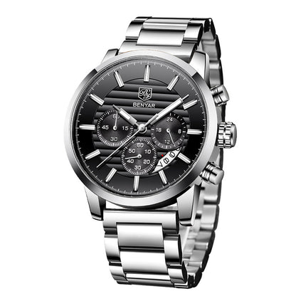 Men's Sports Chronograph Quartz Watch Leather &amp; Stainless Steel Strap Waterproof Business Watches Clock Male Relogio Masculino BY-5104M - steel black