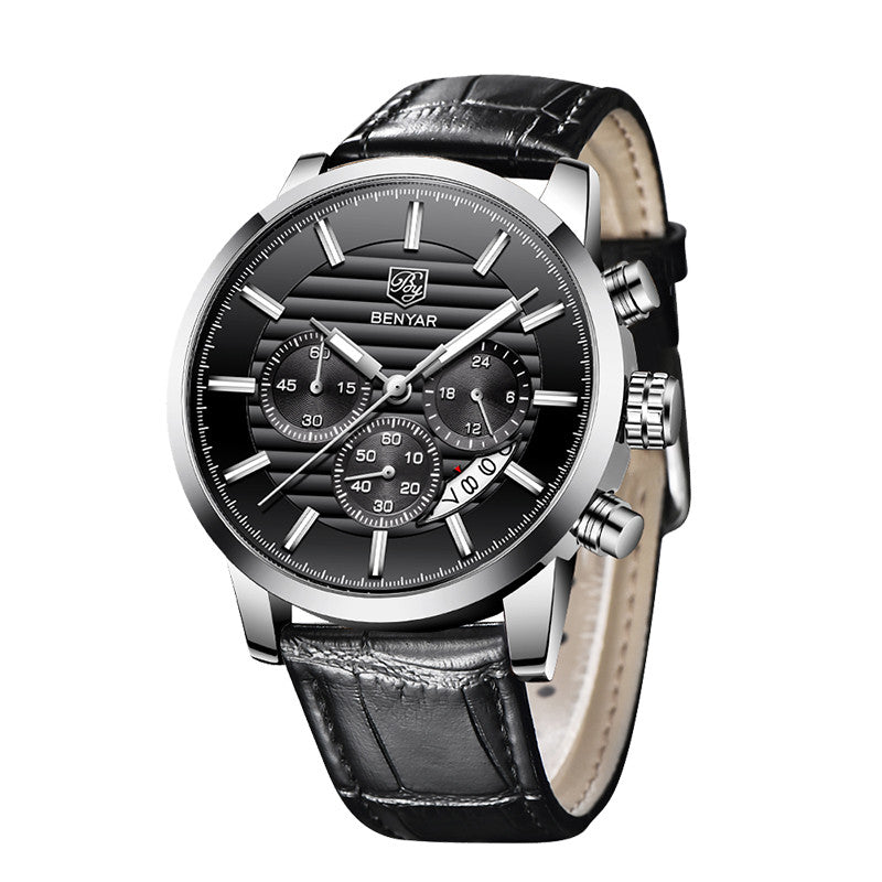 Men's Sports Chronograph Quartz Watch Leather &amp; Stainless Steel Strap Waterproof Business Watches Clock Male Relogio Masculino BY-5104M - leather silver black