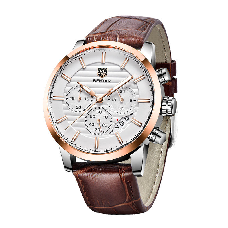 Men's Sports Chronograph Quartz Watch Leather &amp; Stainless Steel Strap Waterproof Business Watches Clock Male Relogio Masculino BY-5104M - gold white