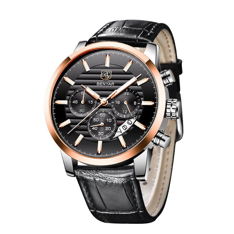 Men's Sports Chronograph Quartz Watch Leather &amp; Stainless Steel Strap Waterproof Business Watches Clock Male Relogio Masculino BY-5104M - gold black