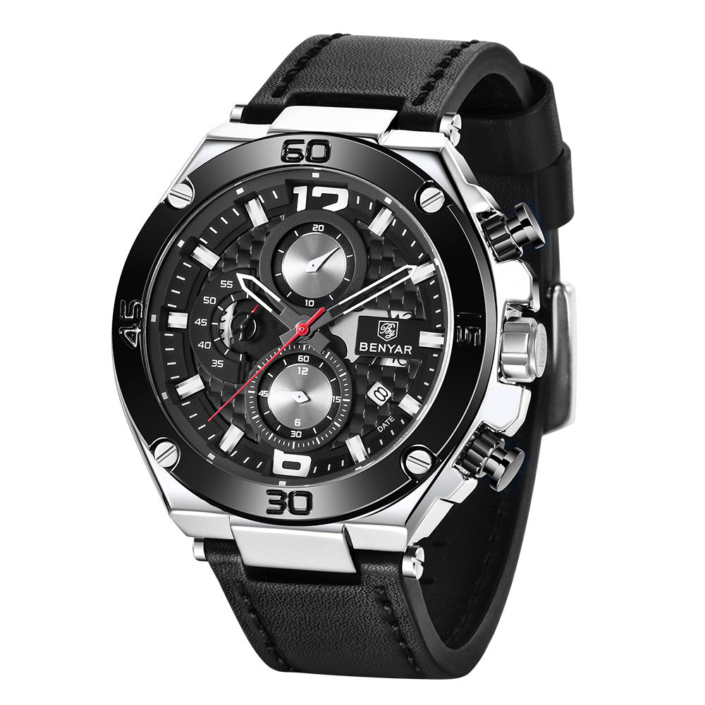 BENYAR Brand Men Business Chronograph Watches 45mm Large Dial Men Quartz Wristwatch Waterproof Leather Military Clock reloj BY-5151 - black