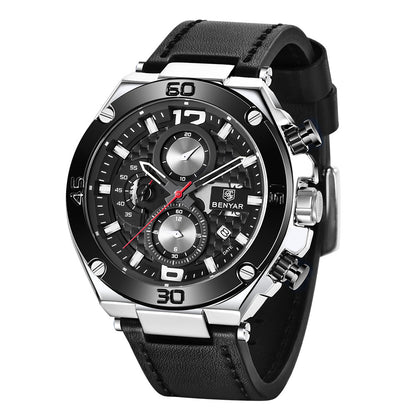 BENYAR Brand Men Business Chronograph Watches 45mm Large Dial Men Quartz Wristwatch Waterproof Leather Military Clock reloj BY-5151 - black