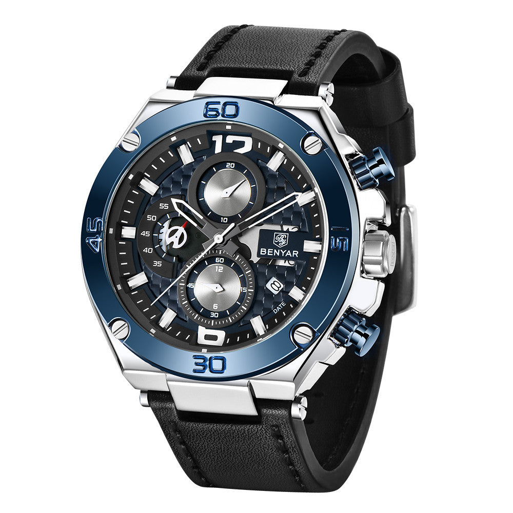 BENYAR Brand Men Business Chronograph Watches 45mm Large Dial Men Quartz Wristwatch Waterproof Leather Military Clock reloj BY-5151 - blue