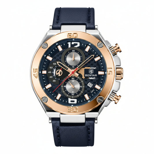 BENYAR Brand Men Business Chronograph Watches 45mm Large Dial Men Quartz Wristwatch Waterproof Leather Military Clock reloj BY-5151 - gold blue