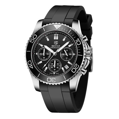 2021 BENYAR New Luxury Brand Men Quartz Wristwatches Sapphire Glass Stainless Steel 10Bar Waterproof Watch for Men Reloj Hombre BY-S002 - Silicone black