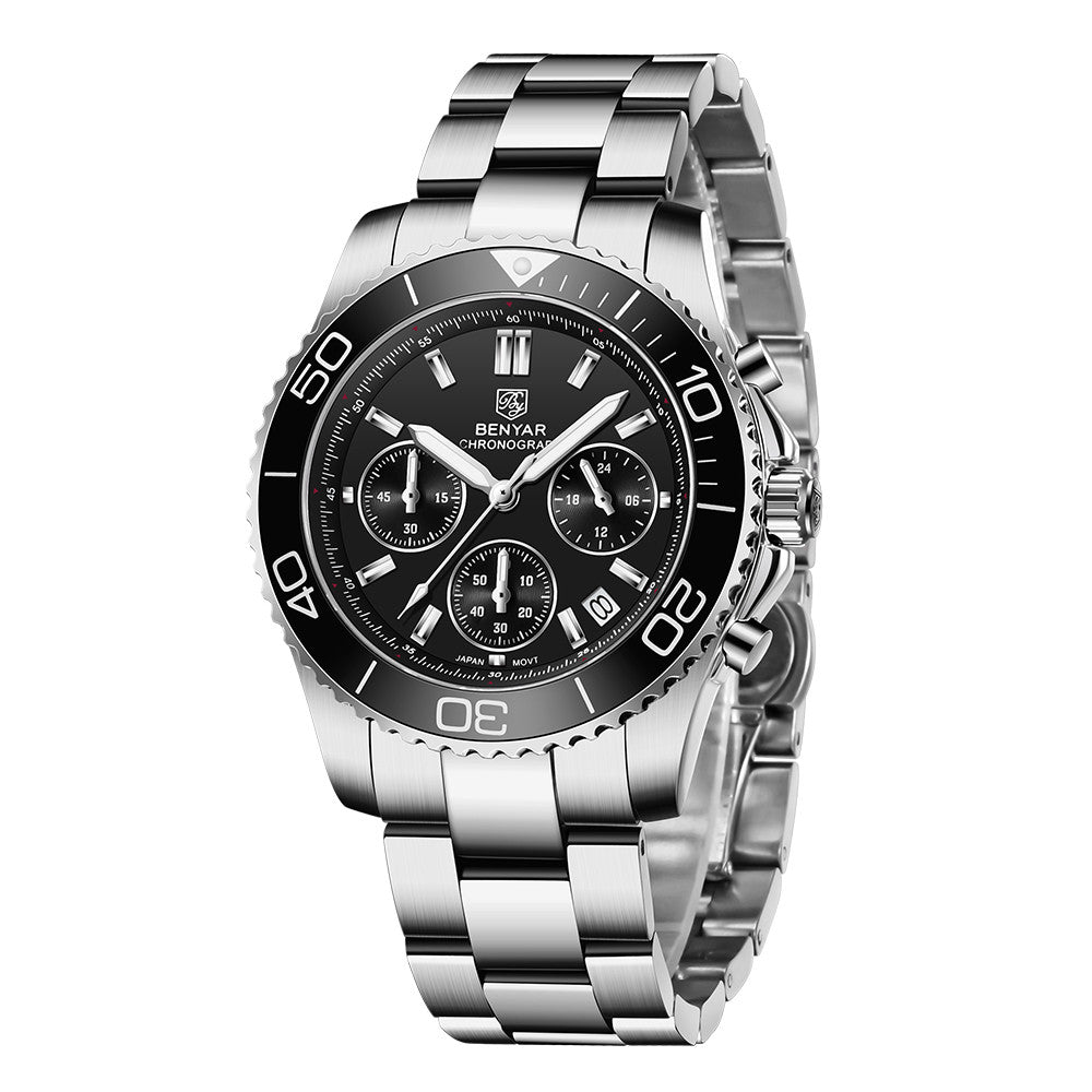 2021 BENYAR New Luxury Brand Men Quartz Wristwatches Sapphire Glass Stainless Steel 10Bar Waterproof Watch for Men Reloj Hombre BY-S002 - steel black