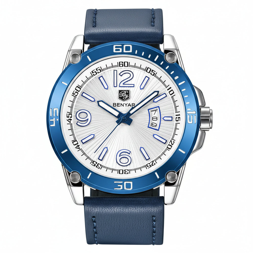 BENYAR Fashion Mens Watches Top Brand Luuxury Quartz Clock Male Casual Leather Waterproof Sport Chronograph Relogio Masculino BY-5166 - silver white