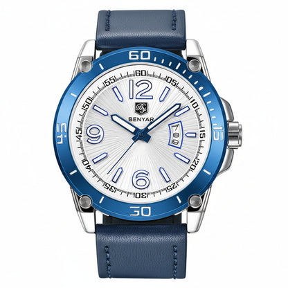 BENYAR Fashion Mens Watches Top Brand Luuxury Quartz Clock Male Casual Leather Waterproof Sport Chronograph Relogio Masculino BY-5166 - silver white