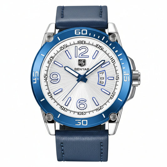 BENYAR Fashion Mens Watches Top Brand Luuxury Quartz Clock Male Casual Leather Waterproof Sport Chronograph Relogio Masculino BY-5166 - silver white