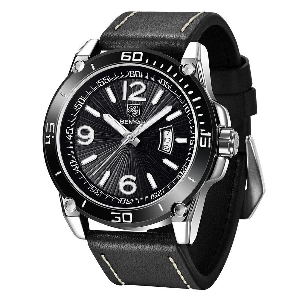 BENYAR Fashion Mens Watches Top Brand Luuxury Quartz Clock Male Casual Leather Waterproof Sport Chronograph Relogio Masculino BY-5166 - silver black