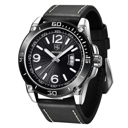 BENYAR Fashion Mens Watches Top Brand Luuxury Quartz Clock Male Casual Leather Waterproof Sport Chronograph Relogio Masculino BY-5166 - silver black