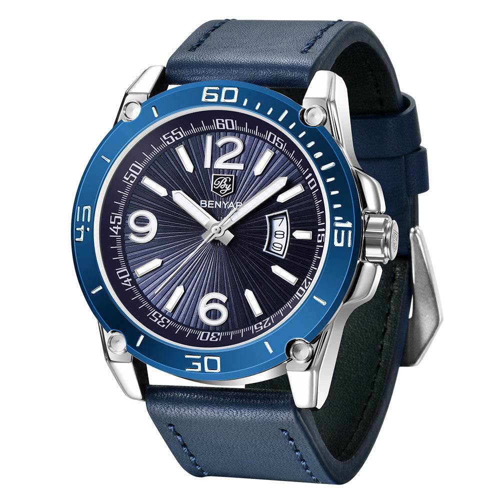 BENYAR Fashion Mens Watches Top Brand Luuxury Quartz Clock Male Casual Leather Waterproof Sport Chronograph Relogio Masculino BY-5166 - silver blue