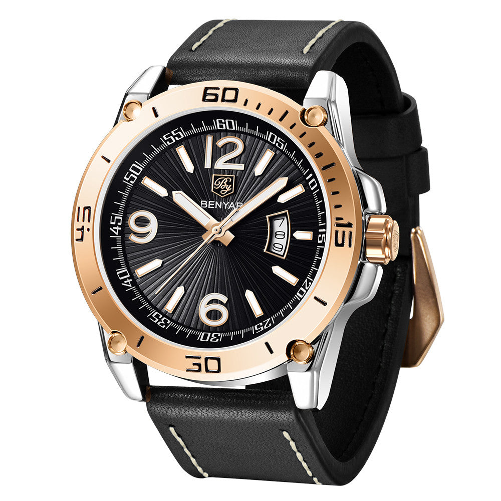 BENYAR Fashion Mens Watches Top Brand Luuxury Quartz Clock Male Casual Leather Waterproof Sport Chronograph Relogio Masculino BY-5166 - gold black