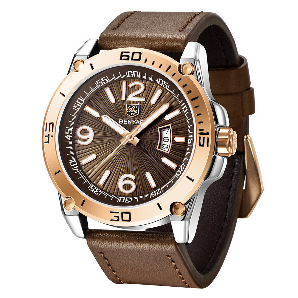 BENYAR Fashion Mens Watches Top Brand Luuxury Quartz Clock Male Casual Leather Waterproof Sport Chronograph Relogio Masculino BY-5166 - gold coffee