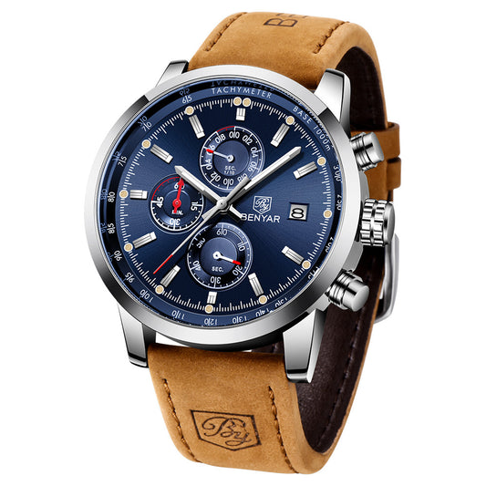 BENYAR Watches Men Luxury Brand Quartz Watch Fashion Chronograph Watch Reloj Hombre Sport Clock Male Hour Relogio Masculino BY-5102 - Silver Blue