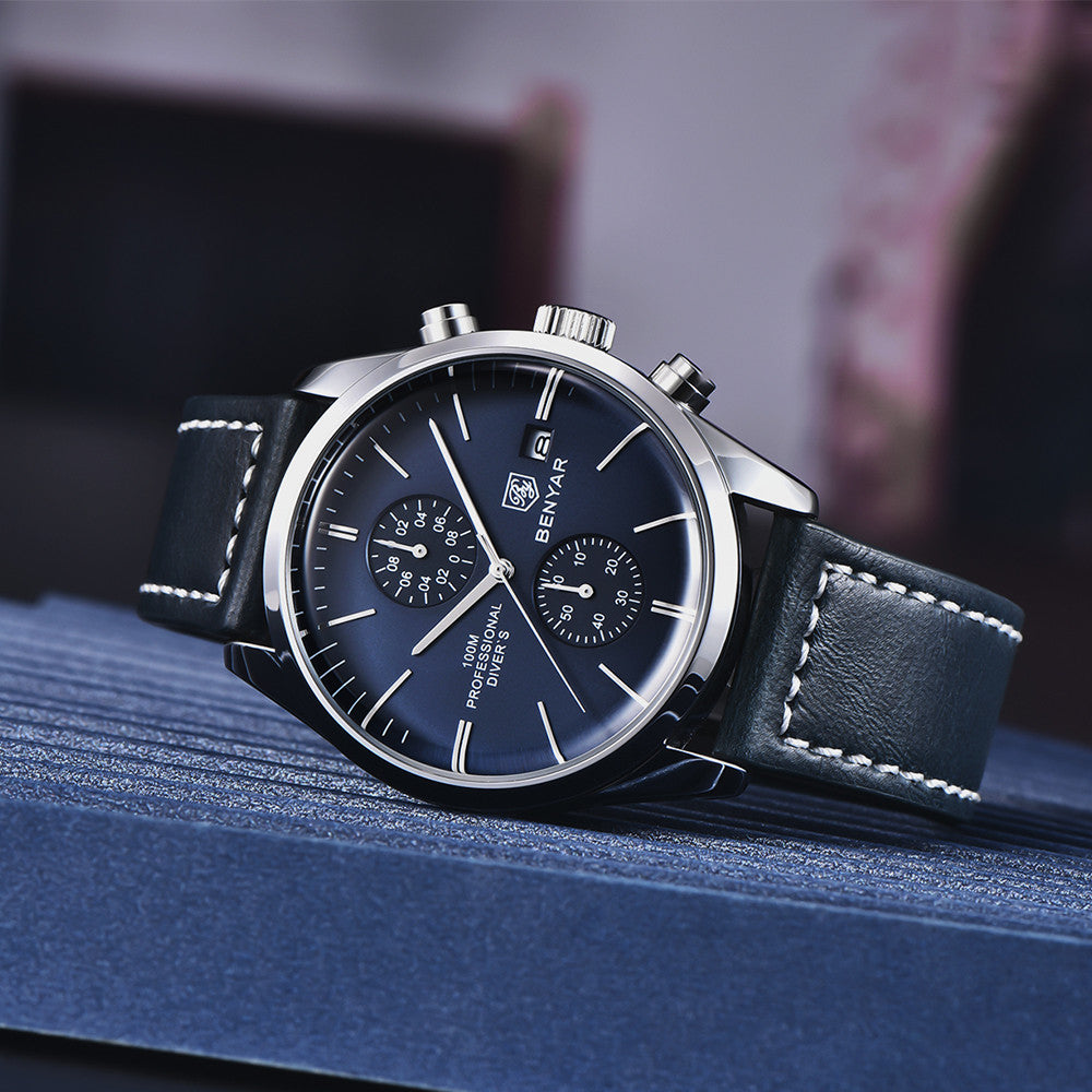 New BENYAR Leather Men Quartz Wristwatches Luxury Brand Waterproof Men Watch Military Sports Chronograph Watch for Men BY-5187