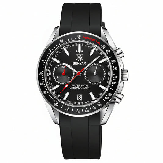 BENYAR - Stylish Wrist Watch for Men, Genuine Silicone Strap Watches, Perfect Quartz Movement, Waterproof and Scratch Resistant, Analog Chronograph Quartz Business Watches BY-5194 - silicone black