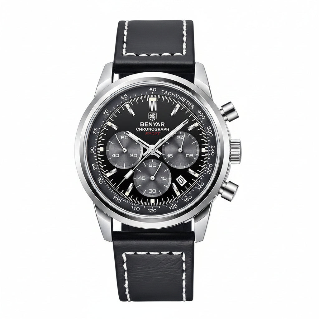 BENYAR - Stylish Wrist Watch for Men, Genuine Leather Strap Watches, Perfect Quartz Movement, Waterproof and Scratch Resistant, Analog Chronograph Business Watches BY-5188 - silver black