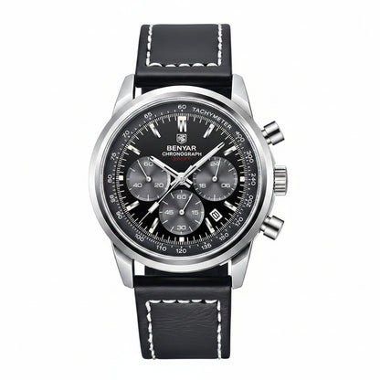 BENYAR - Stylish Wrist Watch for Men, Genuine Leather Strap Watches, Perfect Quartz Movement, Waterproof and Scratch Resistant, Analog Chronograph Business Watches BY-5188 - silver black
