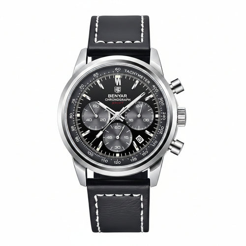 BENYAR - Stylish Wrist Watch for Men, Genuine Leather Strap Watches, Perfect Quartz Movement, Waterproof and Scratch Resistant, Analog Chronograph Business Watches BY-5188 - silver black