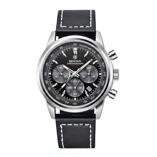 BENYAR - Stylish Wrist Watch for Men, Genuine Leather Strap Watches, Perfect Quartz Movement, Waterproof and Scratch Resistant, Analog Chronograph Business Watches BY-5188 - silver black