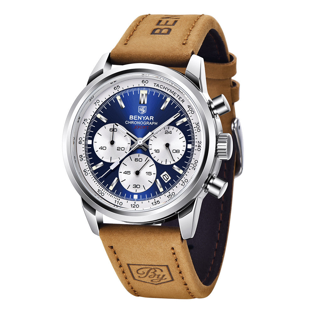 BENYAR - Stylish Wrist Watch for Men, Genuine Leather Strap Watches, Perfect Quartz Movement, Waterproof and Scratch Resistant, Analog Chronograph Business Watches BY-5188 - silver blue