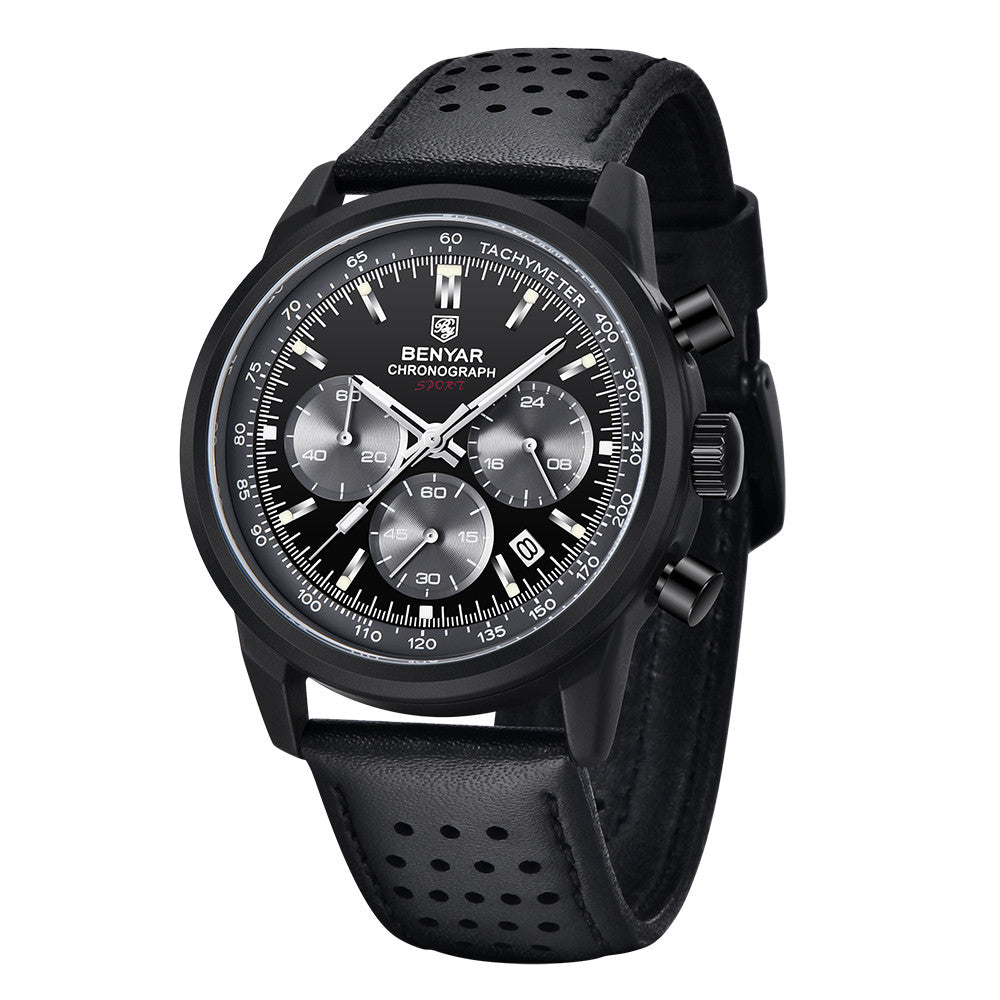 BENYAR - Stylish Wrist Watch for Men, Genuine Leather Strap Watches, Perfect Quartz Movement, Waterproof and Scratch Resistant, Analog Chronograph Business Watches BY-5188 - full black