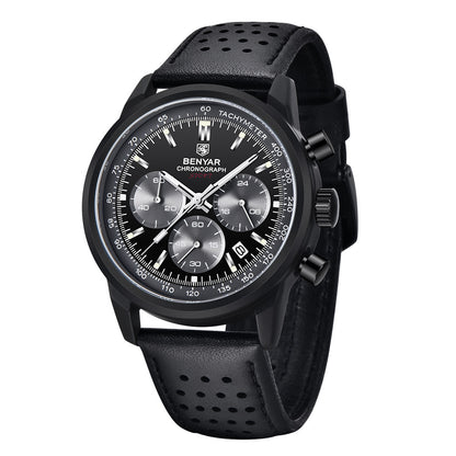 BENYAR - Stylish Wrist Watch for Men, Genuine Leather Strap Watches, Perfect Quartz Movement, Waterproof and Scratch Resistant, Analog Chronograph Business Watches BY-5188 - full black