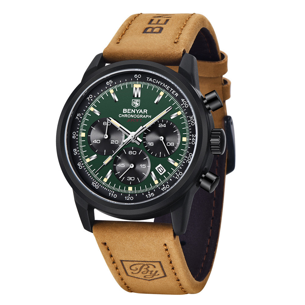 BENYAR - Stylish Wrist Watch for Men, Genuine Leather Strap Watches, Perfect Quartz Movement, Waterproof and Scratch Resistant, Analog Chronograph Business Watches BY-5188 - black green
