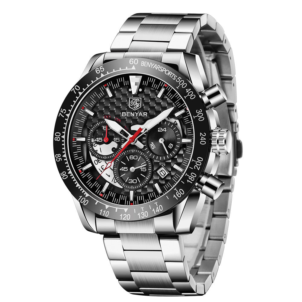 BENYAR Top Brand New Men Watches Leather Strap Luxury Waterproof Sport Quartz Chronograph Military Watch Men Clock Reloj Hombre BY-5175 - steel black