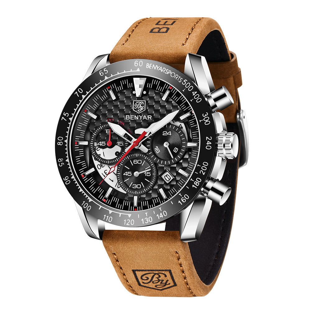 BENYAR Top Brand New Men Watches Leather Strap Luxury Waterproof Sport Quartz Chronograph Military Watch Men Clock Reloj Hombre BY-5175 - leather silver black