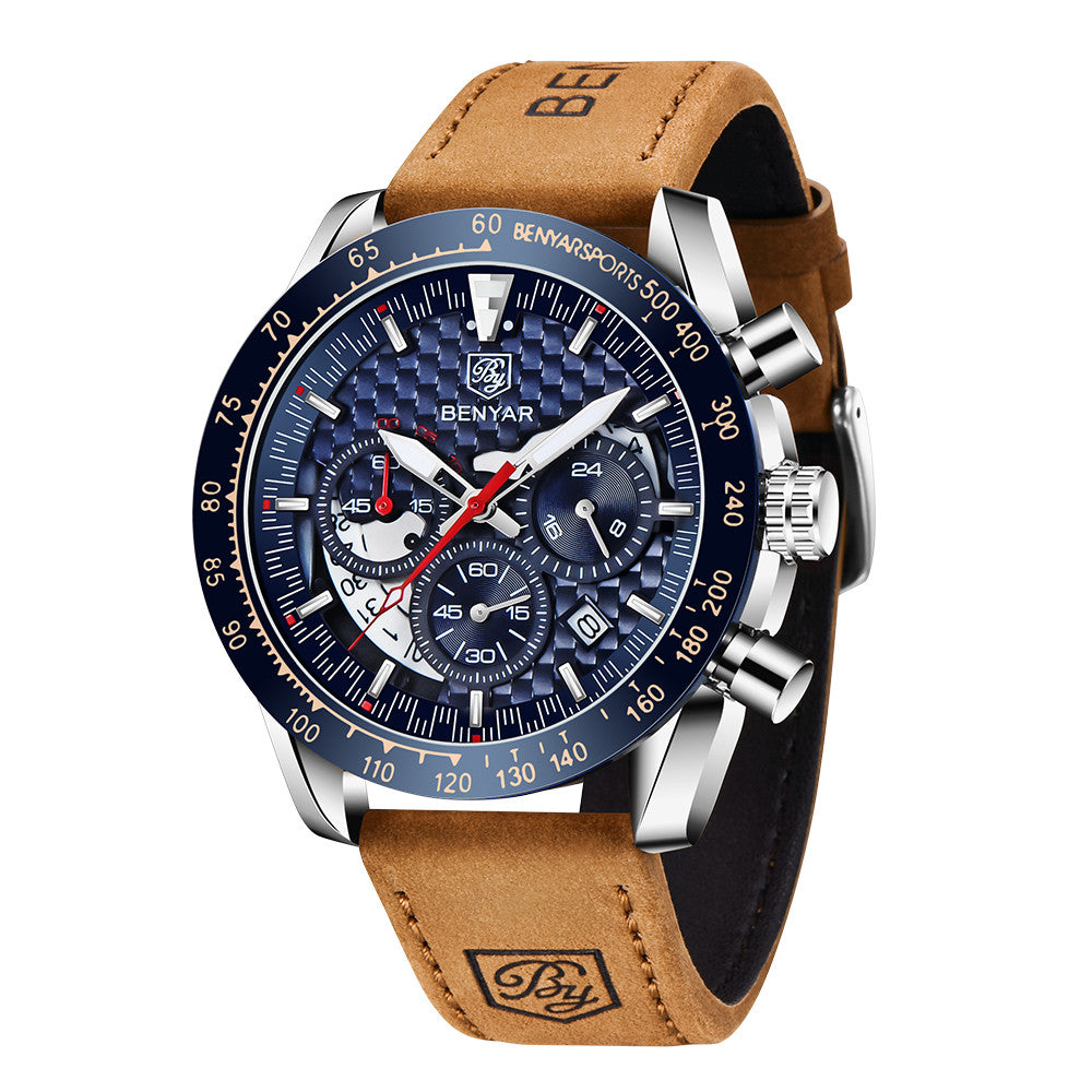 BENYAR Top Brand New Men Watches Leather Strap Luxury Waterproof Sport Quartz Chronograph Military Watch Men Clock Reloj Hombre BY-5175 - leather silver blue