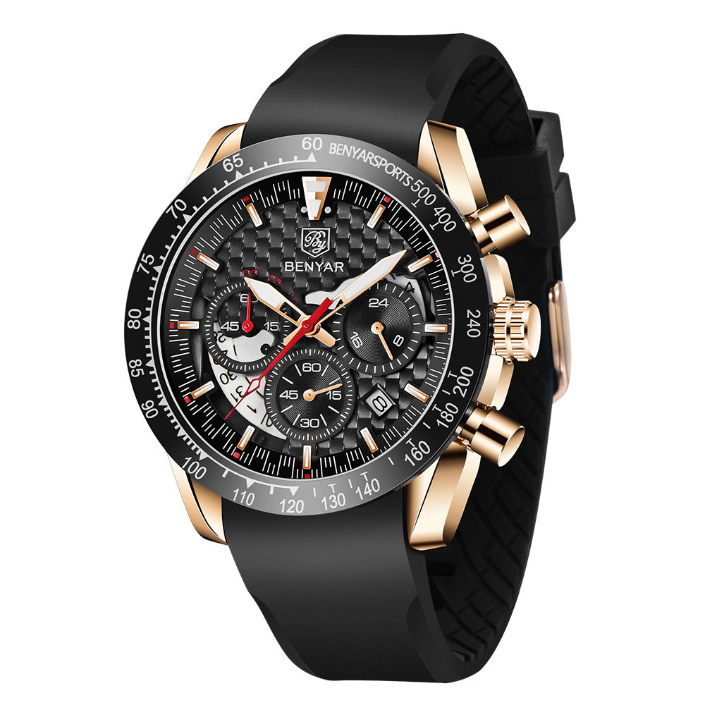 BENYAR Top Brand New Men Watches Leather Strap Luxury Waterproof Sport Quartz Chronograph Military Watch Men Clock Reloj Hombre BY-5175 - silicone black