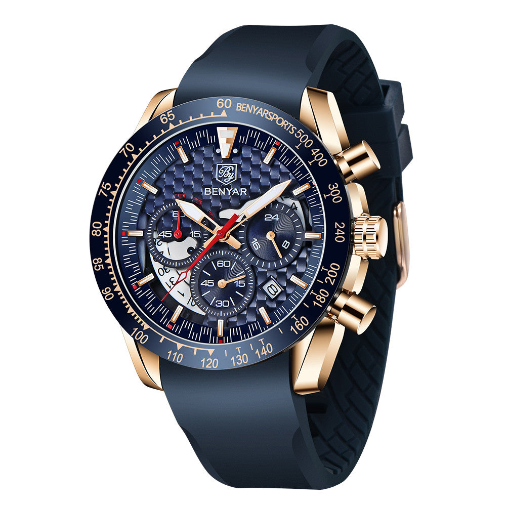 BENYAR Top Brand New Men Watches Leather Strap Luxury Waterproof Sport Quartz Chronograph Military Watch Men Clock Reloj Hombre BY-5175 - silicone blue
